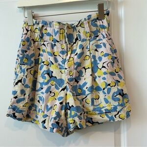 Zara White Blue Floral Linen Blend Paperbag Shorts Sz S No Belt Casual